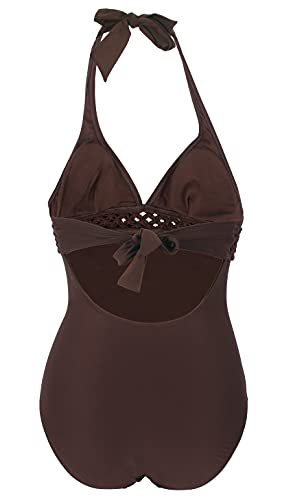 LA ORCHID Laorchid - Bañador de una pieza para mujer, cuello en V, sujeción al cuello, talla grande, push up marrón 44