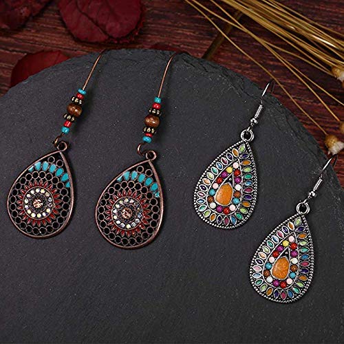 LABOTA 12 pares Pendientes colgantes vintage para mujeres niñas Estilo nacional bohemio Declaración de cuentas de pétalos de gotas de agua Pendientes Boho Retro Aleación de diamantes