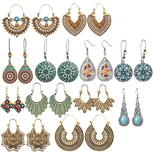 LABOTA 12 pares Pendientes colgantes vintage para mujeres niñas Estilo nacional bohemio Declaración de cuentas de pétalos de gotas de agua Pendientes Boho Retro Aleación de diamantes