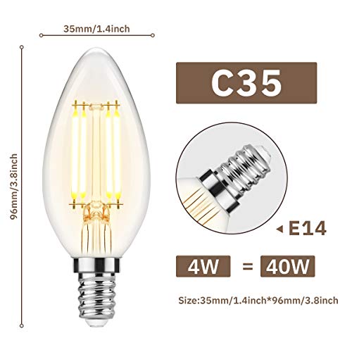 Lámpara LED de vela E14, lámpara de filamento retro DORESshop C35, blanco cálido 2700K, 470LM, 4W (reemplaza a 40W), no regulable, paquete de 6