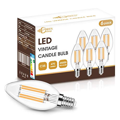Lámpara LED de vela E14, lámpara de filamento retro DORESshop C35, blanco cálido 2700K, 470LM, 4W (reemplaza a 40W), no regulable, paquete de 6