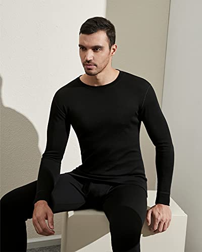 LAPASA Camiseta Interior Térmica Ligera de 100% Lana Merino para Hombre Manga Larga Cuello Redondo Capa Interior M29 S Negro