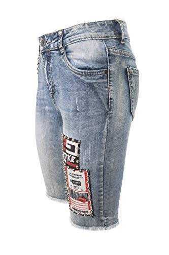 Laphilo Pantalones cortos de mujer vaqueros de algodón elástico con cinco bolsillos con tachuelas y parches decorativos (cód. 866) Azul vaquero M