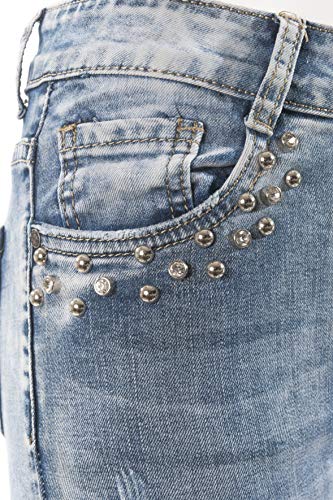 Laphilo Pantalones cortos de mujer vaqueros de algodón elástico con cinco bolsillos con tachuelas y parches decorativos (cód. 866) Azul vaquero M