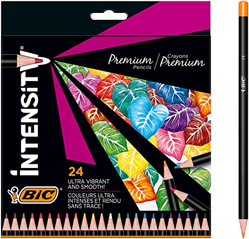 Lápices de Colores para Adultos BIC Intensity Premium Woodcase con Mina Resistente a las Roturas - Multicolor, Pack de 24