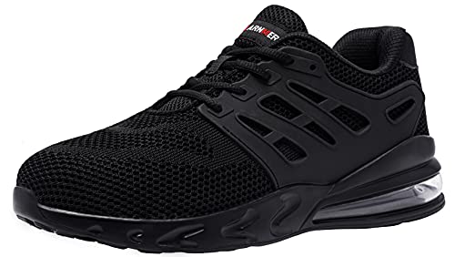 LARNMERN PLUS Zapatos de Seguridad Hombre Ligeras Zapatillas de Seguridad Punta de Acero Comodo Transpirables Antideslizante Air Cushion Calzado de Seguridad Trabajo Verano(Knit Negro,45EU)