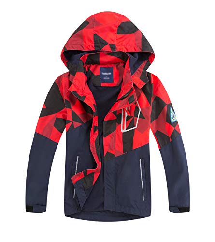 LAUSONS Chaqueta Impermeable Niño - Chubasquero Camuflaje con Capucha - Cortavientos con Forro Polar para Niños Rojo 9-10 años / 140cm