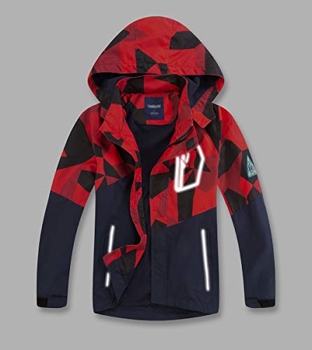 LAUSONS Chaqueta Impermeable Niño - Chubasquero Camuflaje con Capucha - Cortavientos con Forro Polar para Niños Rojo 9-10 años / 140cm