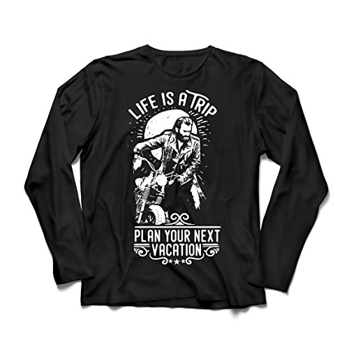 lepni.me Camiseta de Manga Larga para Hombre la Vida es un Viaje - Ideas de Regalos para Moteros, diseño gráfico de Bicicletas Vintage, amar Las Motocicletas (Medium Negro Multicolor)