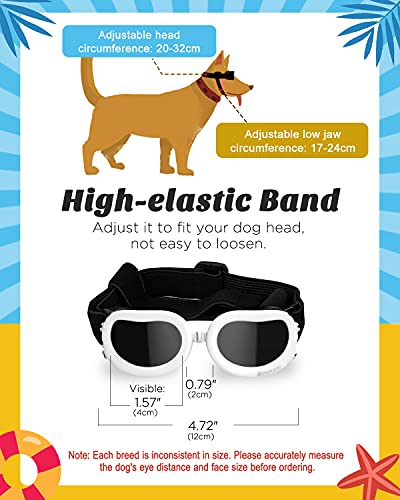 Lewondr Gafas de Sol para Mascotas, Anteojos Anti-Ultravioleta Niebla y Polvo con Correa Ajustable Elástica, Gafas Protectoras para Perros Pequeños para Fiesta Playa Viajar Tomar Fotografías, Blanco