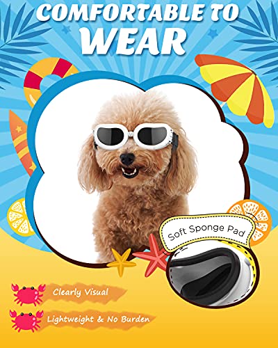 Lewondr Gafas de Sol para Mascotas, Anteojos Anti-Ultravioleta Niebla y Polvo con Correa Ajustable Elástica, Gafas Protectoras para Perros Pequeños para Fiesta Playa Viajar Tomar Fotografías, Blanco