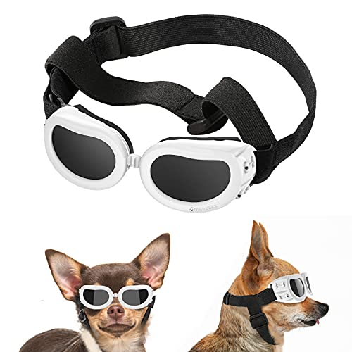 Lewondr Gafas de Sol para Mascotas, Anteojos Anti-Ultravioleta Niebla y Polvo con Correa Ajustable Elástica, Gafas Protectoras para Perros Pequeños para Fiesta Playa Viajar Tomar Fotografías, Blanco