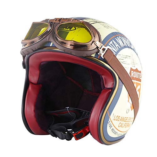 LFTS Casco de Moto de Cara Abierta Retro con Gafas y Visera para el Sol Certificado por Dot Vintage 3/4 Casco de protección para Moto Jet Chopper Biker Cruiser Pilot Cascos,Route 66,M57cm~58cm