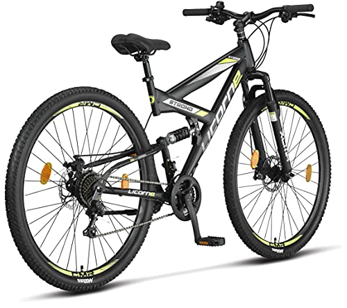 Licorne Bike Bicicleta de montaña Strong 2D, para niños, niñas, mujeres y hombres, freno de disco delantero y trasero, 21 velocidades, suspensión completa, negro/lima, 27,5 pulgadas