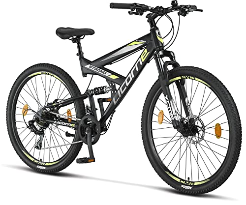 Licorne Bike Bicicleta de montaña Strong 2D, para niños, niñas, mujeres y hombres, freno de disco delantero y trasero, 21 velocidades, suspensión completa, negro/lima, 27,5 pulgadas