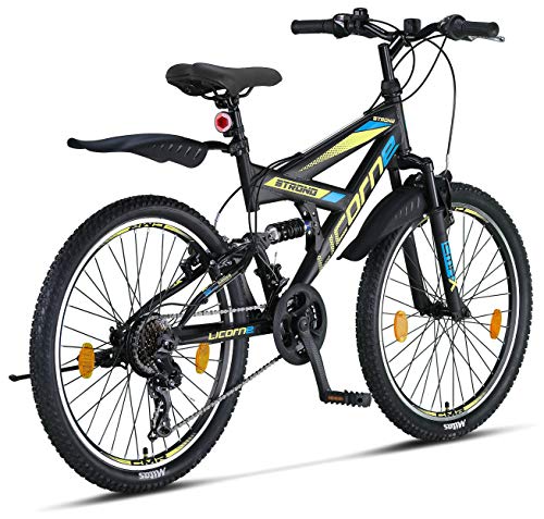 Licorne Bike Strong V - Bicicleta de montaña de 24 Pulgadas Fully, para Bicicleta de montaña de 8,9,10,11, Cambio de 21 velocidades, suspensión Completa, para niños y Hombres