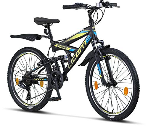 Licorne Bike Strong V - Bicicleta de montaña de 24 Pulgadas Fully, para Bicicleta de montaña de 8,9,10,11, Cambio de 21 velocidades, suspensión Completa, para niños y Hombres