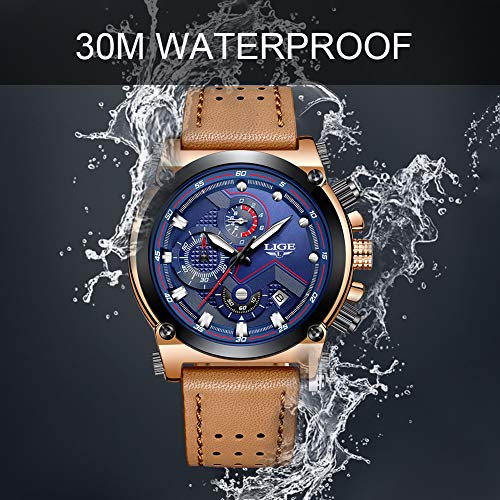 LIGE Relojes Hombre Militar Impermeable Deportes Analogicos Cuarzo Relojes Hombre Lujo Azul Automática Fecha Cuero Relojes