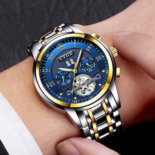 LIGE Relojes Hombre Moda Acero Inoxidable Impermeables Mecánico Automático Reloj Hombre Lujoso Comercio Cronógrafo Calendario Militar Deportivo Luminoso Casual con Números Romanos Dial