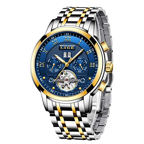 LIGE Relojes Hombre Moda Acero Inoxidable Impermeables Mecánico Automático Reloj Hombre Lujoso Comercio Cronógrafo Calendario Militar Deportivo Luminoso Casual con Números Romanos Dial