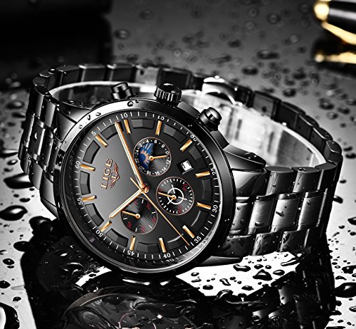 LIGE Relojes para Hombre Moda Acero Inoxidable Deportivo Analógico Reloj Cronógrafo Impermeable Negocios Reloj de Pulsera (Black Black)