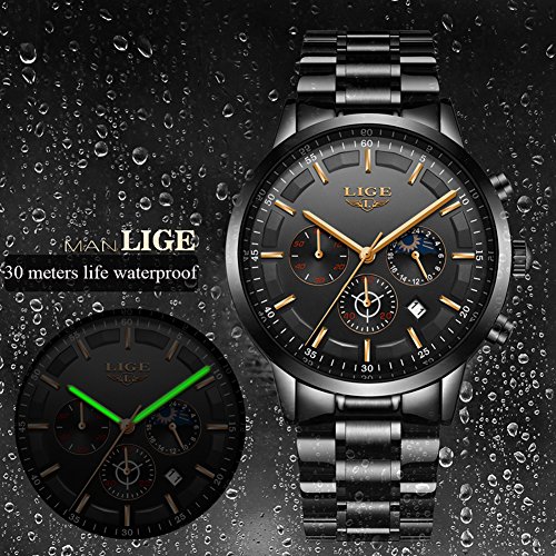 LIGE Relojes para Hombre Moda Acero Inoxidable Deportivo Analógico Reloj Cronógrafo Impermeable Negocios Reloj de Pulsera (Black Black)