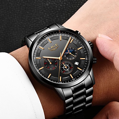 LIGE Relojes para Hombre Moda Acero Inoxidable Deportivo Analógico Reloj Cronógrafo Impermeable Negocios Reloj de Pulsera (Black Black)