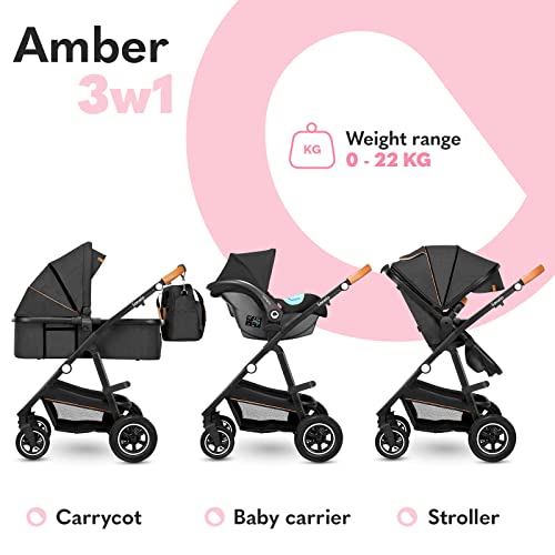 LIONELO Amber Coche de bebé multifuncional 3 en 1 Conjunto silla de paseo con el Asiento de Cubo e Capazo Manillar regulable Bolsa Mosquitero Protector de lluvia Asiento de coche (Gris oscuro)