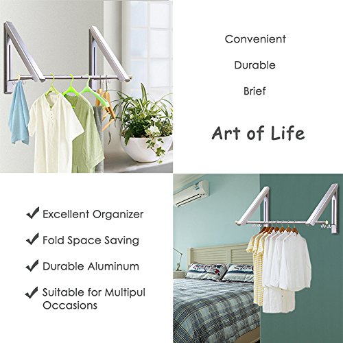 LIVEHITOP Plegable Perchero de Pared 2 Piezas, Abatible Aluminio Ropa Percha Organizador con Ganchos y Tubo para Sala, Cuarto, Baño, Balcón, Oficina, Ahorra Espacio