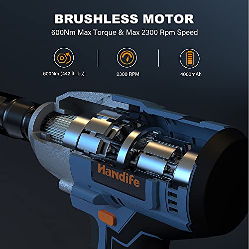 Llave de impacto sin escobillas, 1/2 pulgada, 600 Nm, Inalámbrica con batería de 4.0 Ah, 20 V, par ajustable, alto par, carga rápida, luz de trabajo nocturno, con 4 tomas de impacto