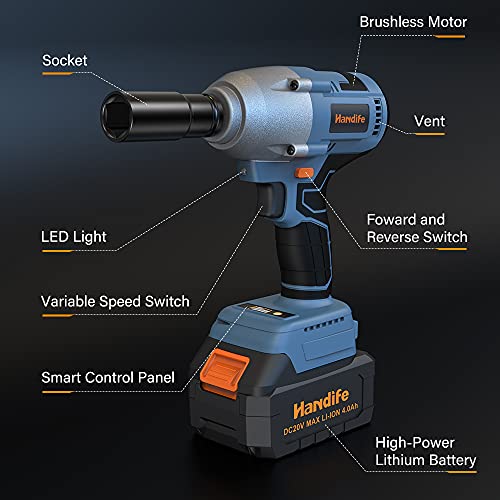 Llave de impacto sin escobillas, 1/2 pulgada, 600 Nm, Inalámbrica con batería de 4.0 Ah, 20 V, par ajustable, alto par, carga rápida, luz de trabajo nocturno, con 4 tomas de impacto