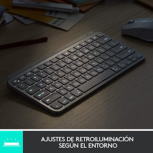 Logitech MX Keys Mini para Mac Teclado Inalámbrico Minimalista Iluminado, Compacto, Bluetooth, Retroiluminado, USB-C, Tecleo Táctil, Compatible con Apple macOS, iPadOS, de Metal - Gris claro