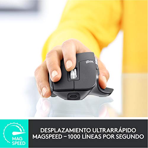 Logitech MX Master 3 Advanced Ratón Inalámbrico, Receptor USB, Bluetooth, 2.4GHz, Desplazamiento Rápido, Seguimiento 4K DPI en Cualquier Superficie, 7 Botones, Recarcable, PC, Mac, iPadOS, Gris