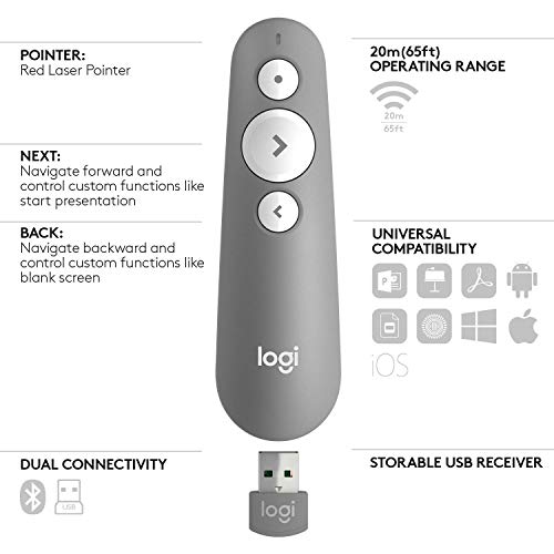 Logitech R500 Presentador Inalámbrico, 2.4 GHz con Receptor USB, Puntero Láser Digital Rojo, Distancia de 30 Metros, 6 Botones, Compatible con PC, Gris/Blanco