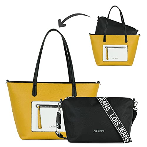 Lois - Bolso Shopping Mujer Piel Sintética Ecológica De Hombro Bolso Mujer Tela De Hombro. Diseñado En España. Marca Original. para Uso Diario 307181, Color Mostaza-Blanco