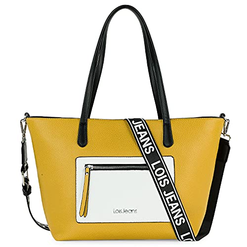 Lois - Bolso Shopping Mujer Piel Sintética Ecológica De Hombro Bolso Mujer Tela De Hombro. Diseñado En España. Marca Original. para Uso Diario 307181, Color Mostaza-Blanco