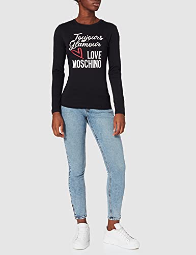 Love Moschino Fitted Long Sleeve T-Shirt in 30/1 Cotton Jersey. Customized with Glitter Print of Seasonal Slogan and Logo. Camiseta, Negro, 44 para Mujer