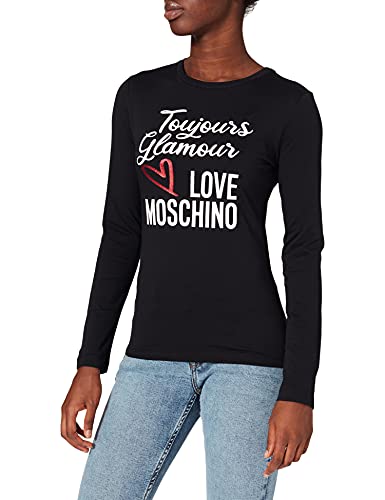Love Moschino Fitted Long Sleeve T-Shirt in 30/1 Cotton Jersey. Customized with Glitter Print of Seasonal Slogan and Logo. Camiseta, Negro, 44 para Mujer
