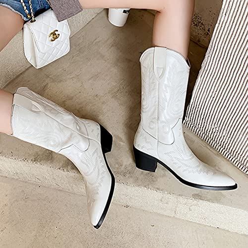 Love Shoes Botas hasta Las Rodillas, Tacón Grueso Puntiaguda Tacón Medio Cuero De Vaca Botas Altas para Mujeres, Bordado Ponerse Botas De Media Pantorrilla,Blanco,39 EU