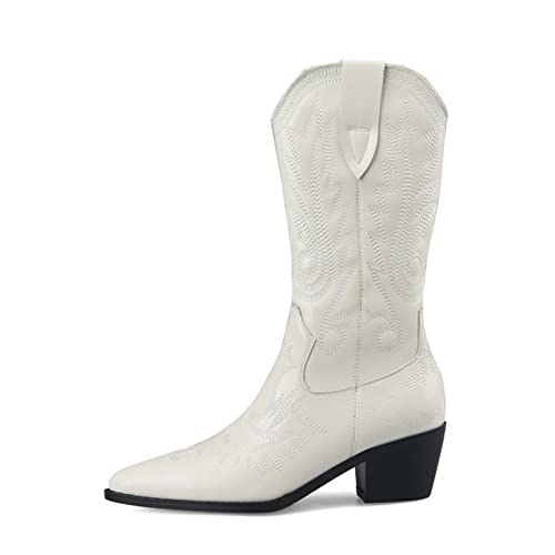 Love Shoes Botas hasta Las Rodillas, Tacón Grueso Puntiaguda Tacón Medio Cuero De Vaca Botas Altas para Mujeres, Bordado Ponerse Botas De Media Pantorrilla,Blanco,39 EU