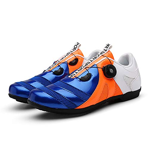 LU-Model Zapatillas de Ciclismo EVO Rojo, para Carretera, con Suela de Carbono,Muy rigida y Ligera y Triple Tira de Velcro. Blue/Orange/White-44