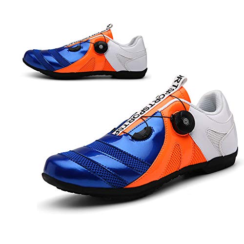 LU-Model Zapatillas de Ciclismo EVO Rojo, para Carretera, con Suela de Carbono,Muy rigida y Ligera y Triple Tira de Velcro. Blue/Orange/White-44