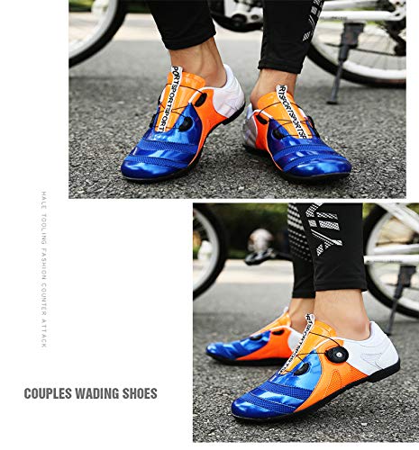 LU-Model Zapatillas de Ciclismo EVO Rojo, para Carretera, con Suela de Carbono,Muy rigida y Ligera y Triple Tira de Velcro. Blue/Orange/White-44