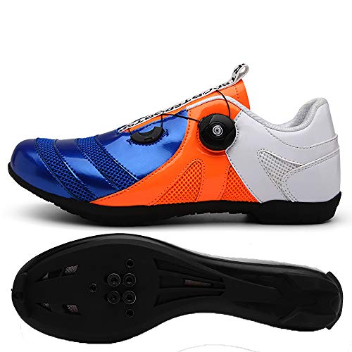 LU-Model Zapatillas de Ciclismo EVO Rojo, para Carretera, con Suela de Carbono,Muy rigida y Ligera y Triple Tira de Velcro. Blue/Orange/White-44