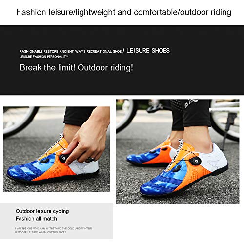 LU-Model Zapatillas de Ciclismo EVO Rojo, para Carretera, con Suela de Carbono,Muy rigida y Ligera y Triple Tira de Velcro. Blue/Orange/White-44