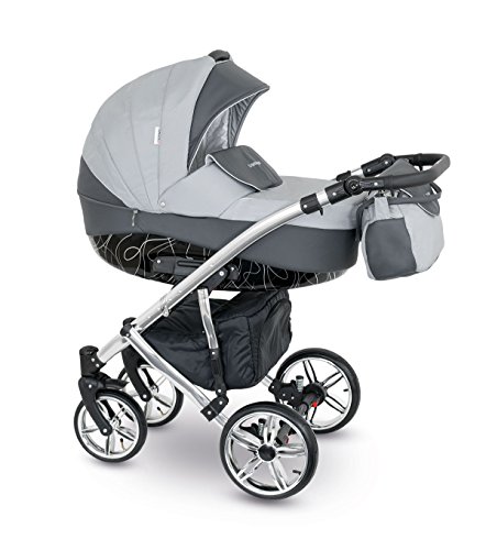 Lux4kids Cochecito 3 in 1 Silla de paseo + capazo + silla para coche + rutas giratorias neumática - giratorias + colchón + accesorios opcionales VIP Hecho en Europa Alicante antracita gris