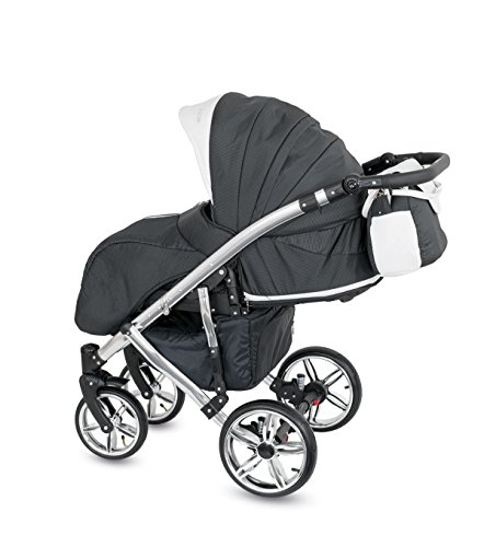 Lux4kids Cochecito 3 in 1 Silla de paseo + capazo + silla para coche + rutas giratorias neumática - giratorias + colchón + accesorios opcionales VIP Hecho en Europa Alicante blanc-antracita