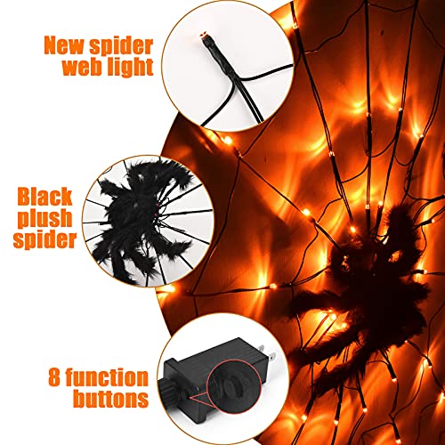 Luz de araña de Halloween con araña negra, 80 luces LED de color naranja con 8 modos, enchufe en las ventanas de Halloween y araña negra para Halloween, fiesta, dormitorio, bar, casa encantada
