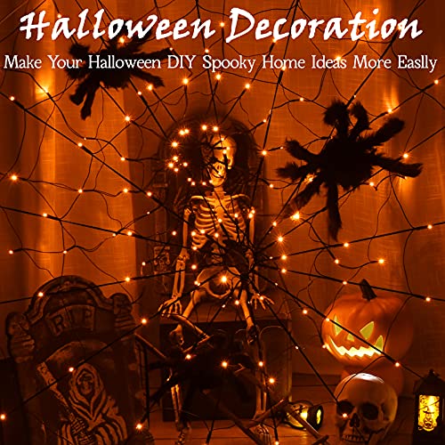 Luz de araña de Halloween con araña negra, 80 luces LED de color naranja con 8 modos, enchufe en las ventanas de Halloween y araña negra para Halloween, fiesta, dormitorio, bar, casa encantada