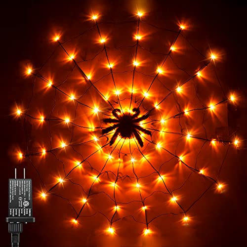 Luz de araña de Halloween con araña negra, 80 luces LED de color naranja con 8 modos, enchufe en las ventanas de Halloween y araña negra para Halloween, fiesta, dormitorio, bar, casa encantada